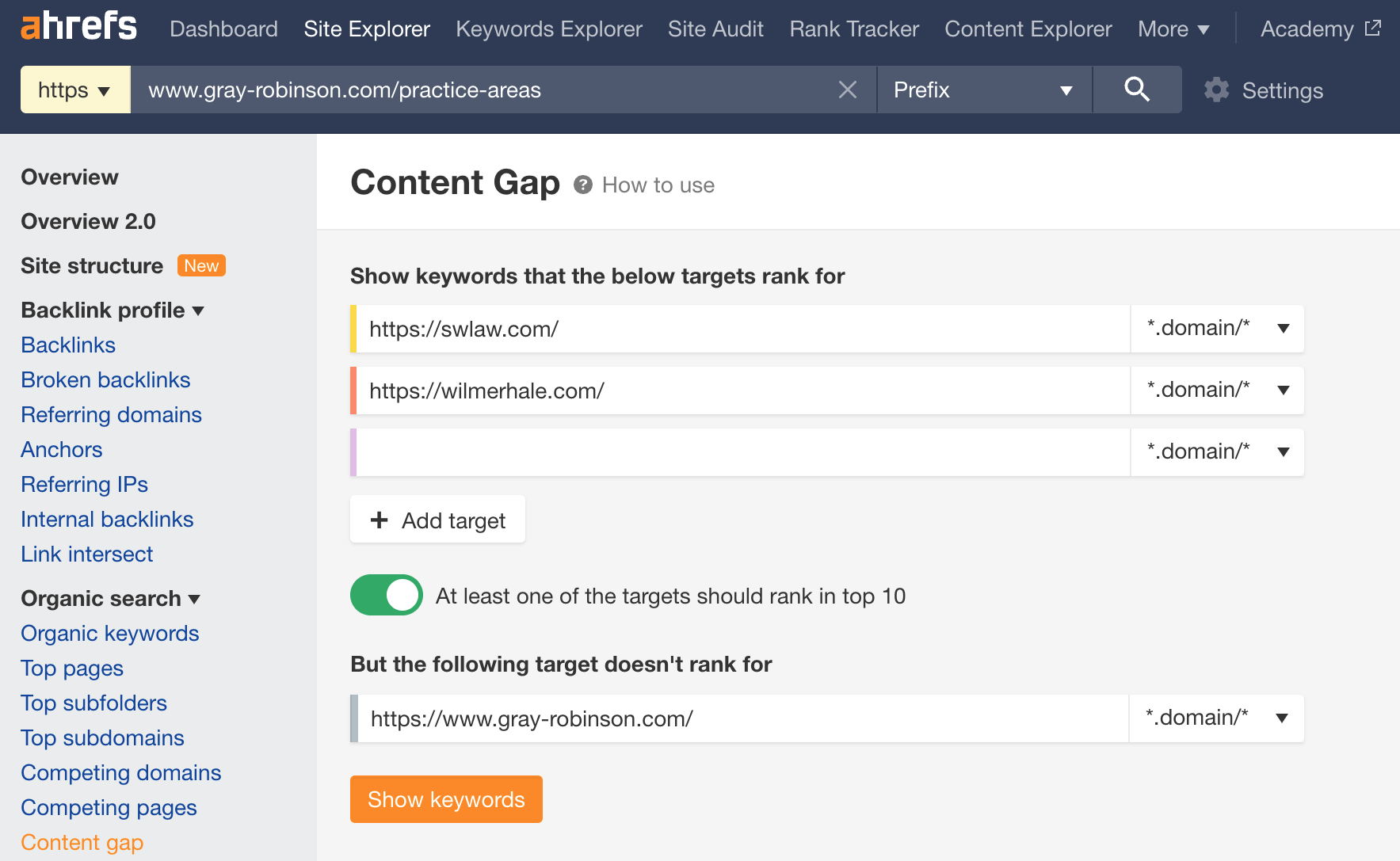 Setting up a Content Gap report in Site Explorer
