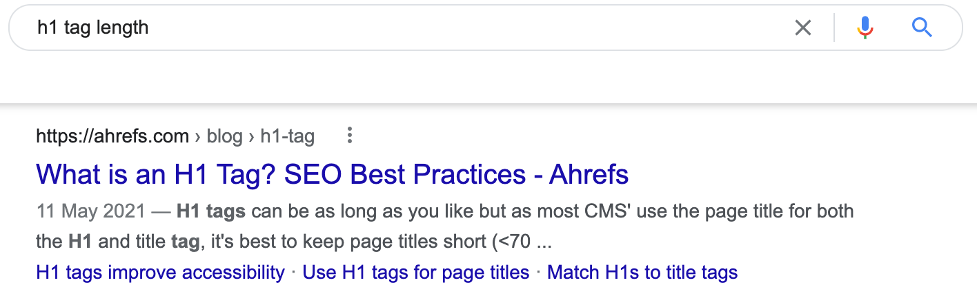 The top-ranking page for the keyword "h1 tag length"