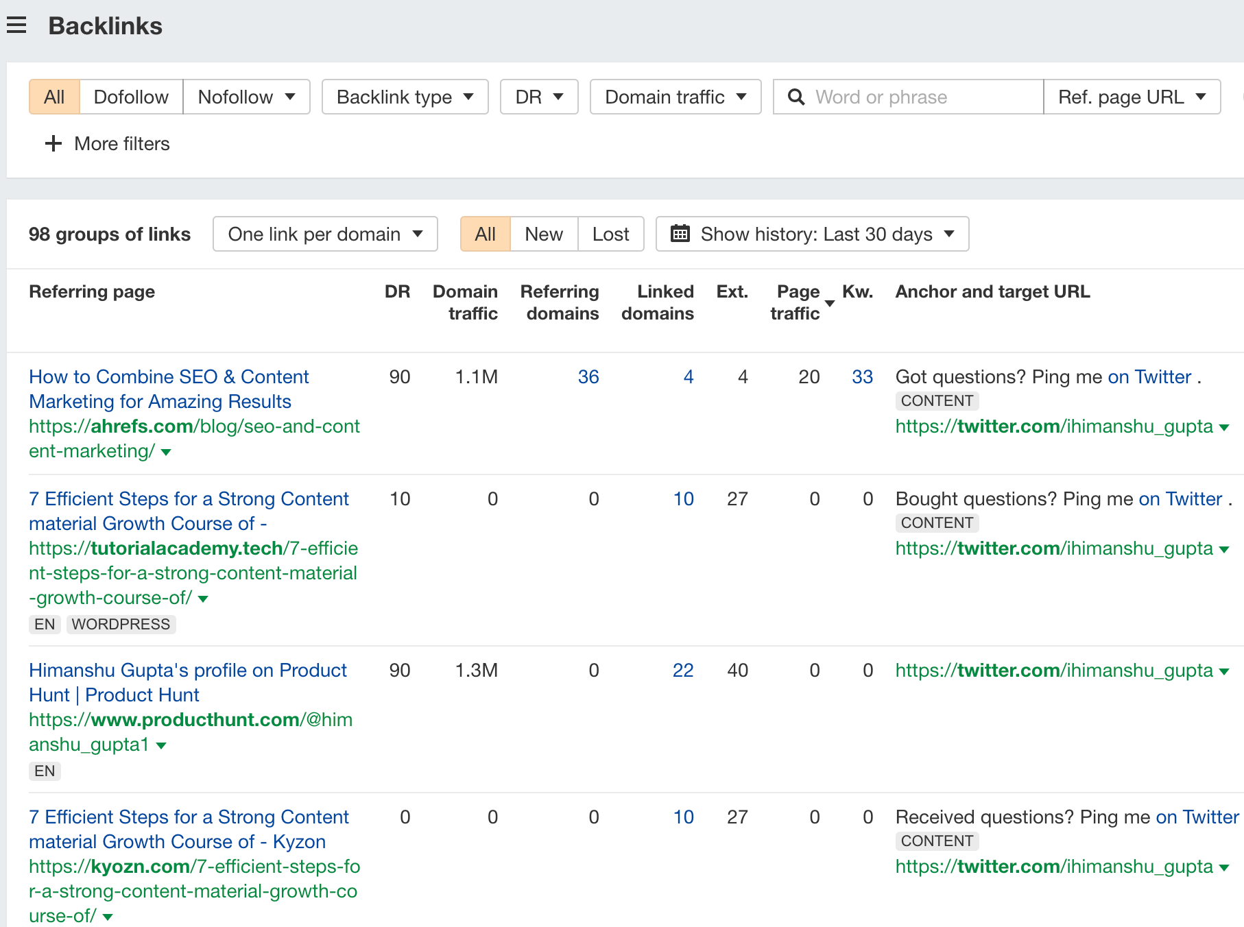 Relatório de backlinks, via Site Explorer da Ahrefs
