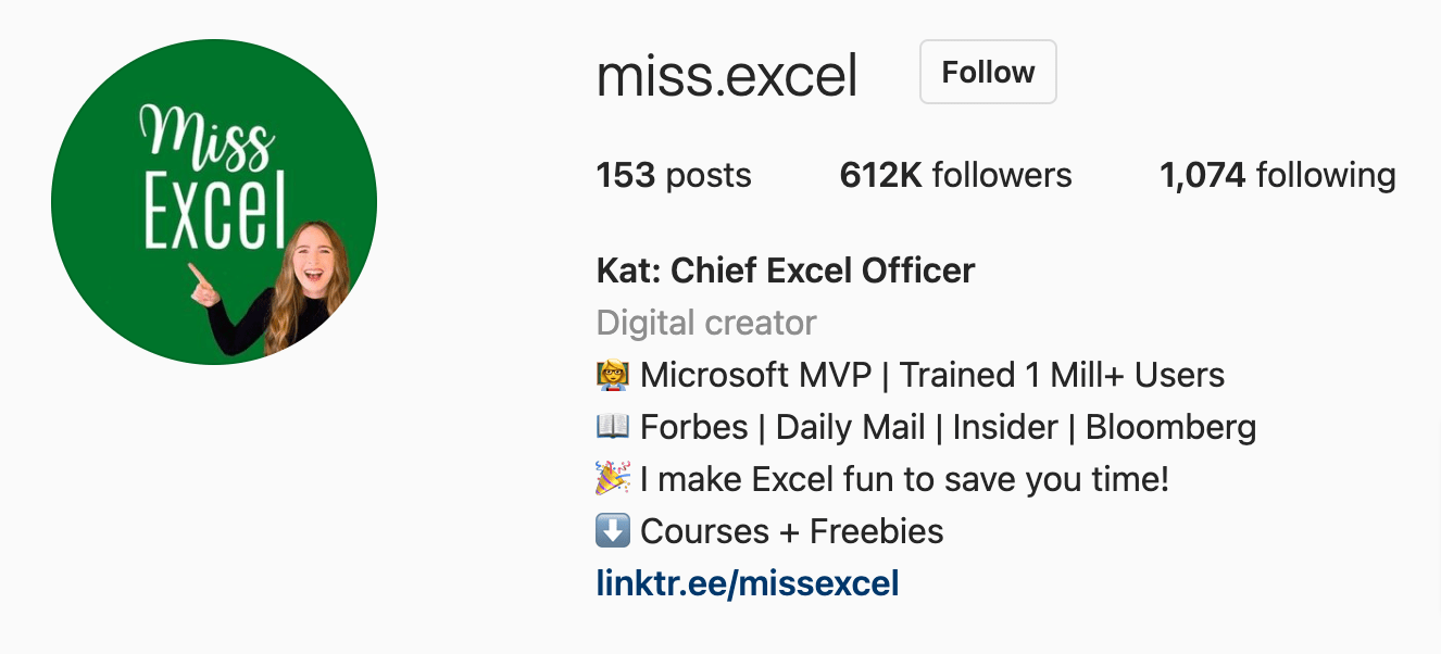 Instagram intro on Miss Excel's page