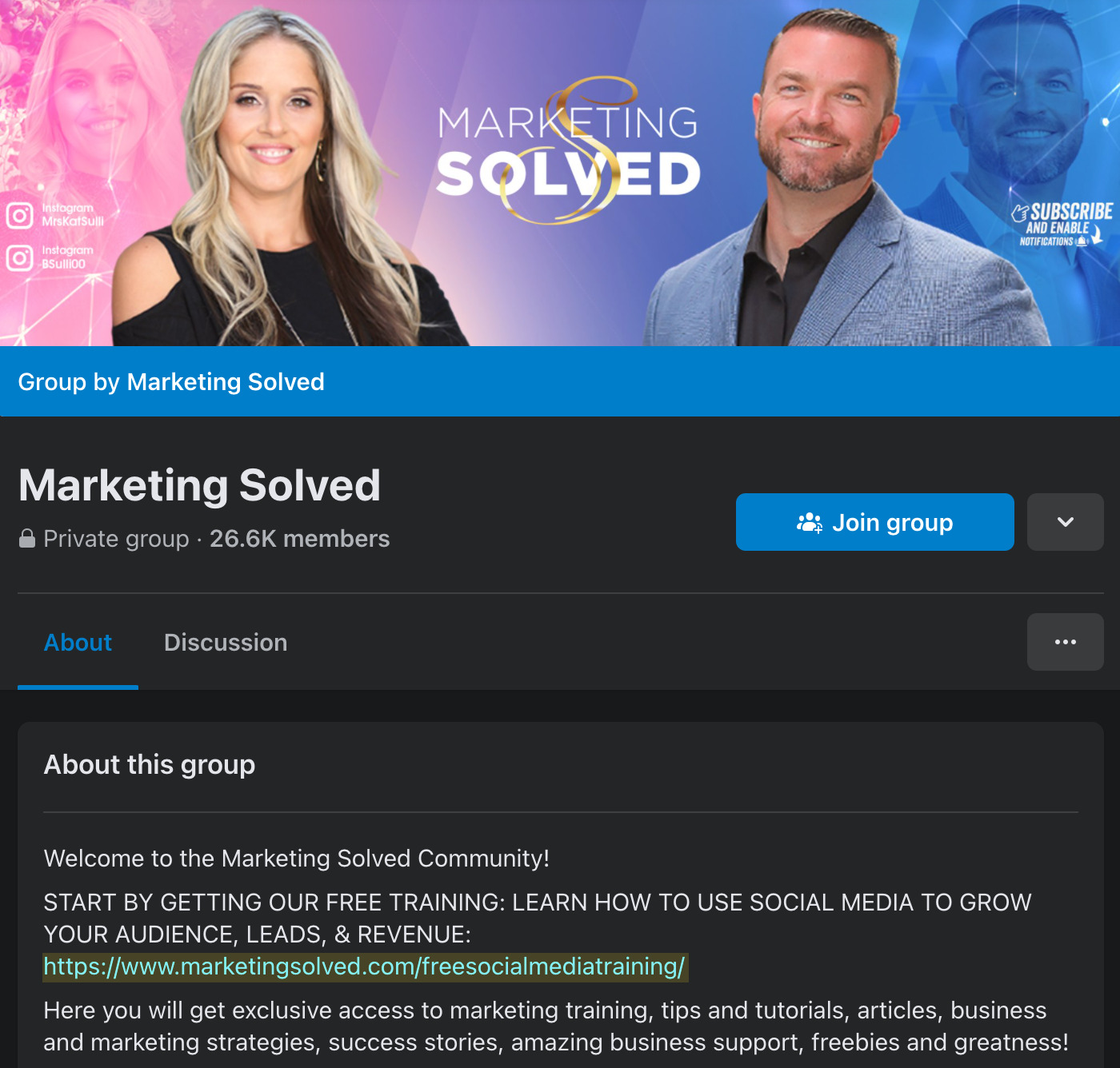 Marketing Solved community promoting a free course