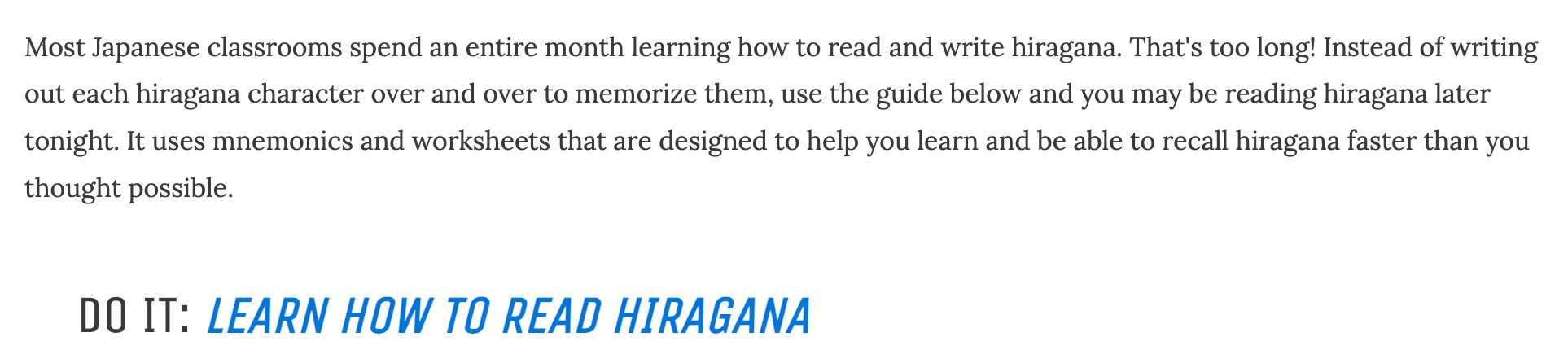Kullanıcıyı bir sonraki hiragana okumayı öğrenme görevine yönlendirmeye teşvik eden CTA