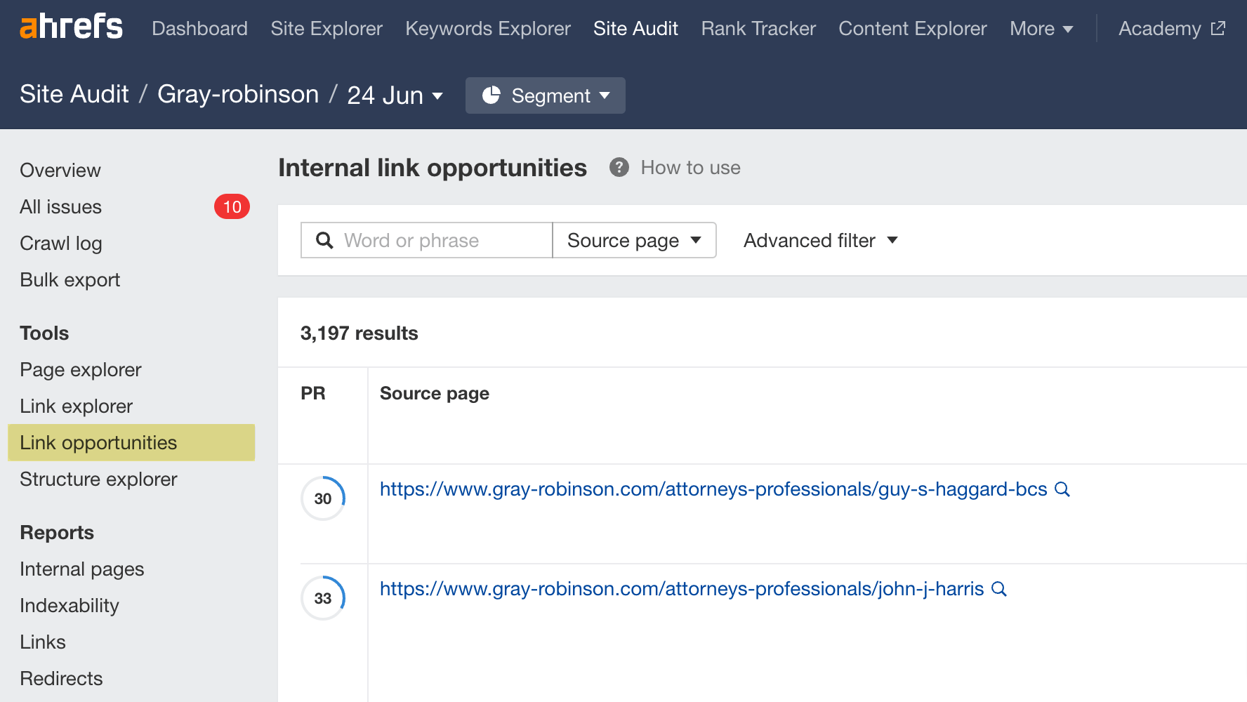 Vincule o relatório de oportunidades na Auditoria do Site