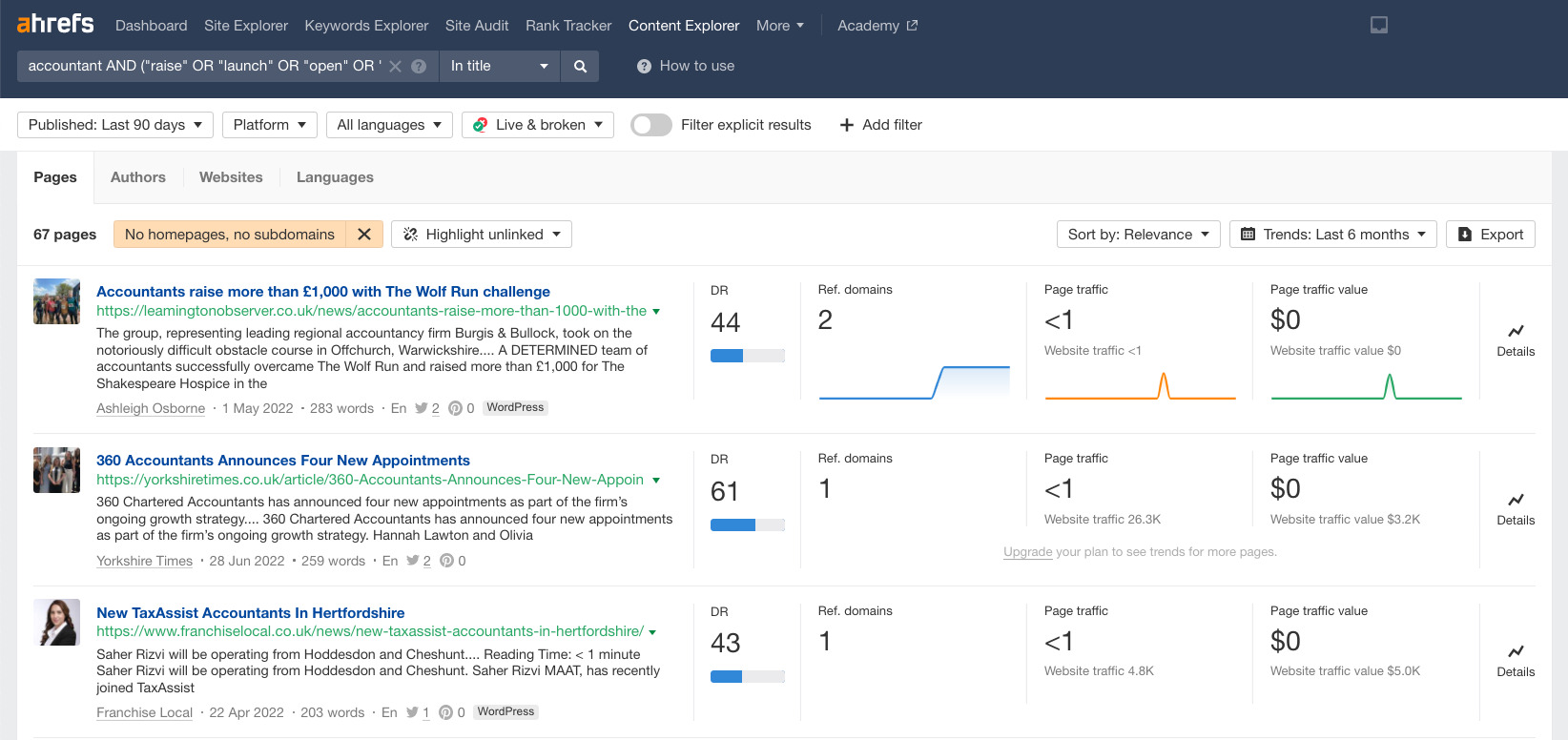 Use Ahrefs' Content Explorer to identify SEO opportunities