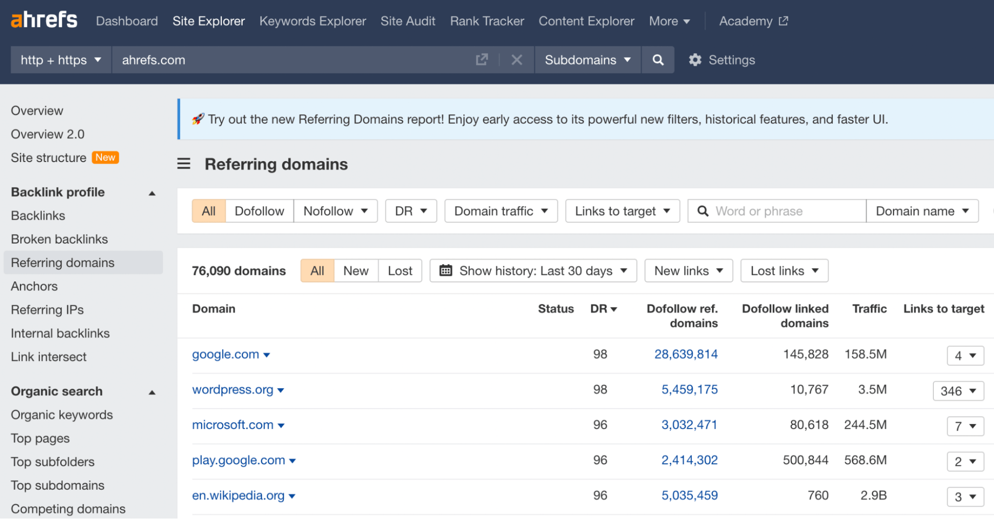 Referring domains report in Ahrefs' Site Explorer