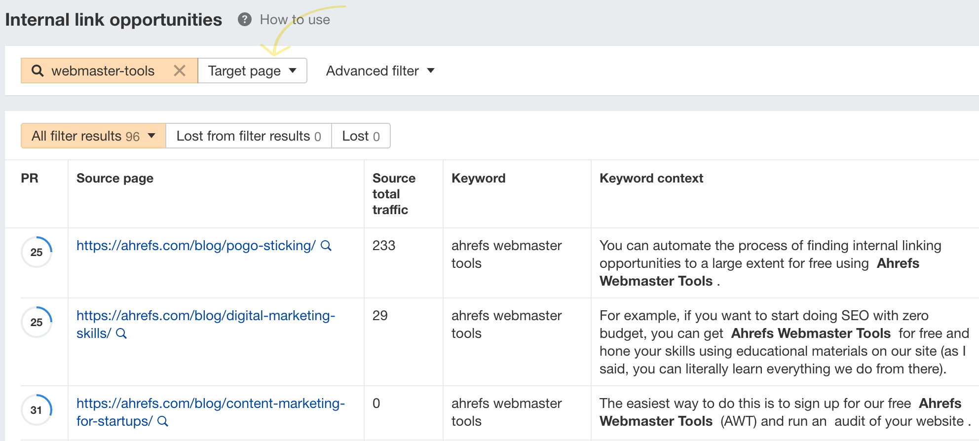 Target page filter for the Link opportunities report