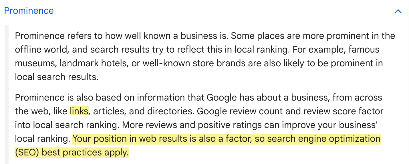 Google explicando que a posição nos resultados da web pode impactar o pacote de mapas