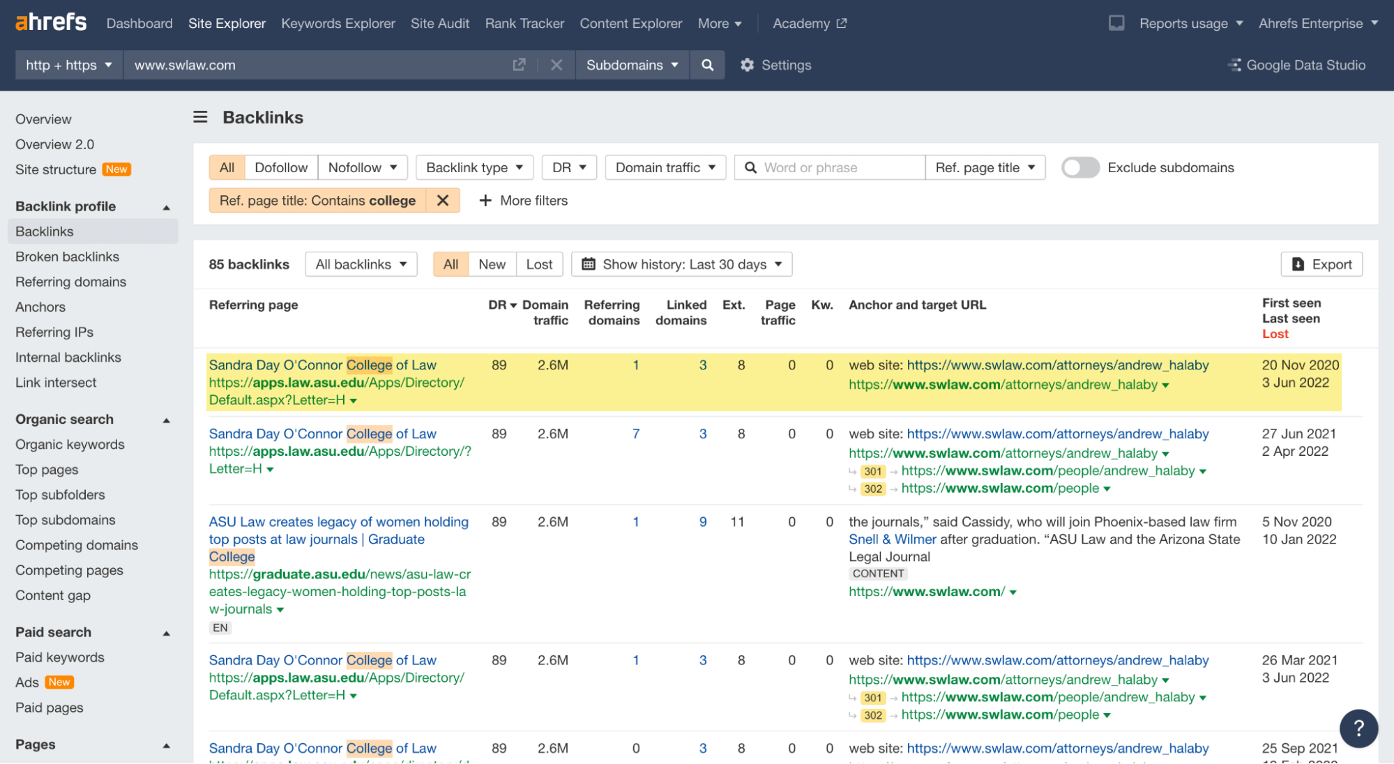 Backlinks report in Site Audit filtered by anchor text, follow attribute, and DR