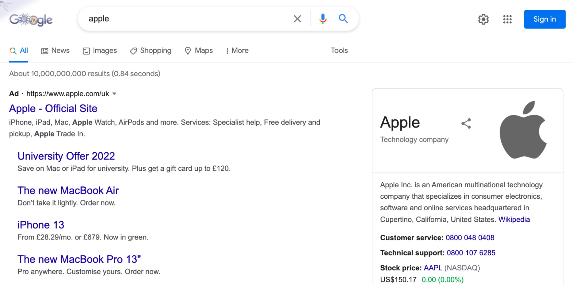Google SERP for the query, "apple"