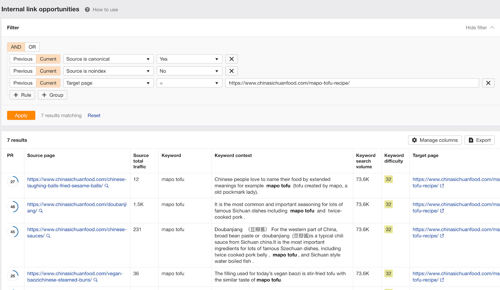 Encontrar oportunidades de enlaces internos para una página de destino específica en Site Audit de Ahrefs