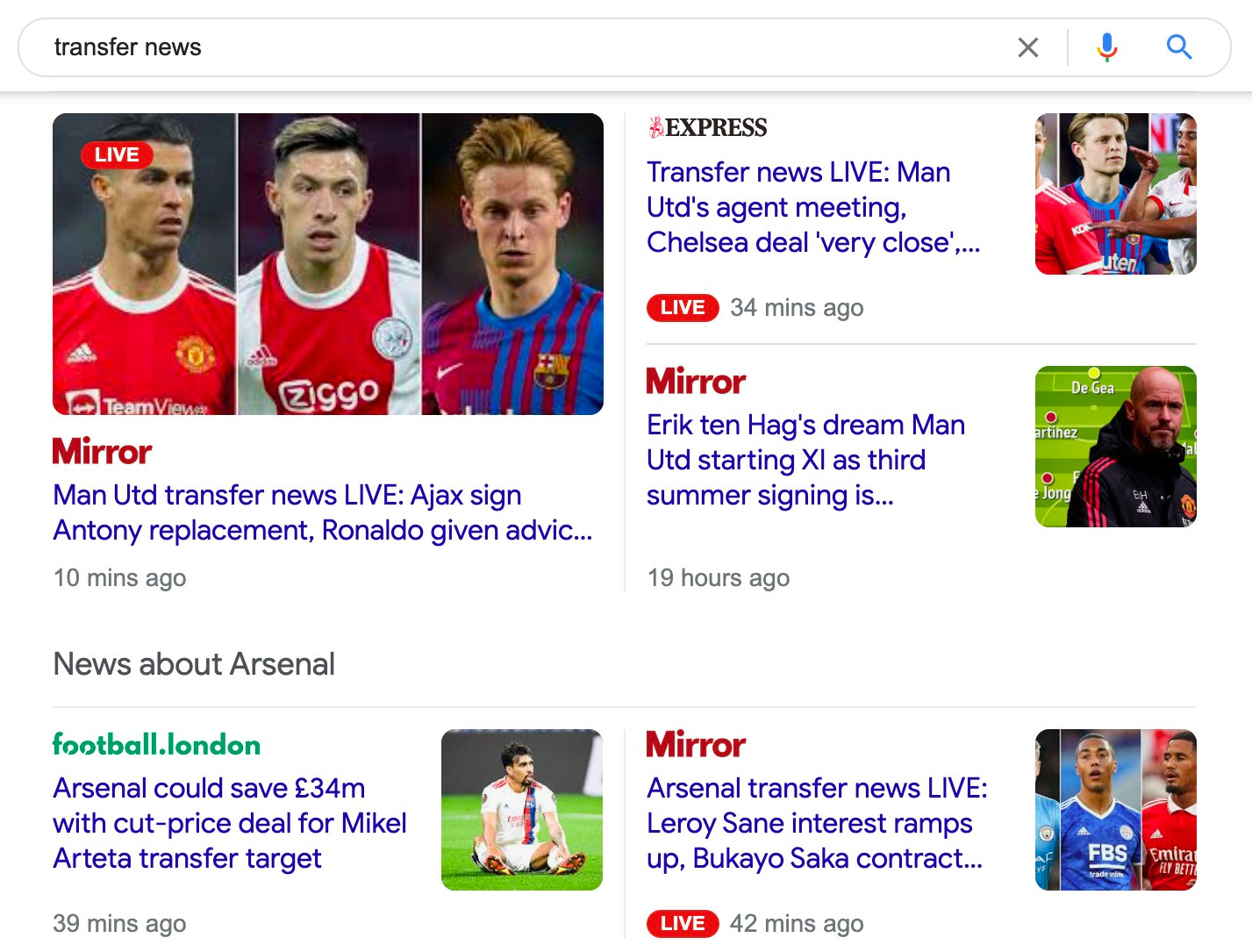查询 "transfer news"的谷歌搜索结果页面