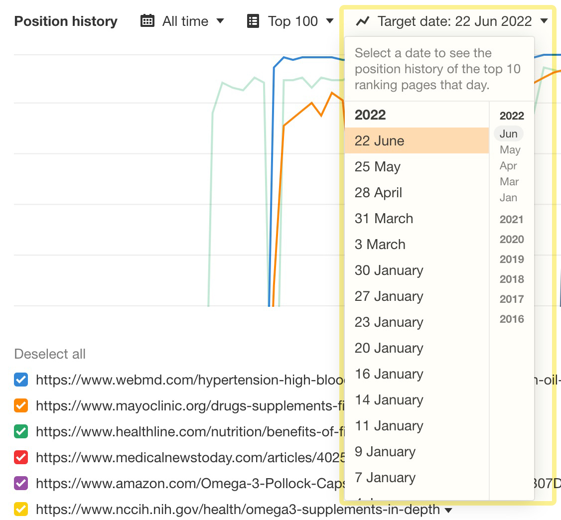 Target date picker in positions history chart