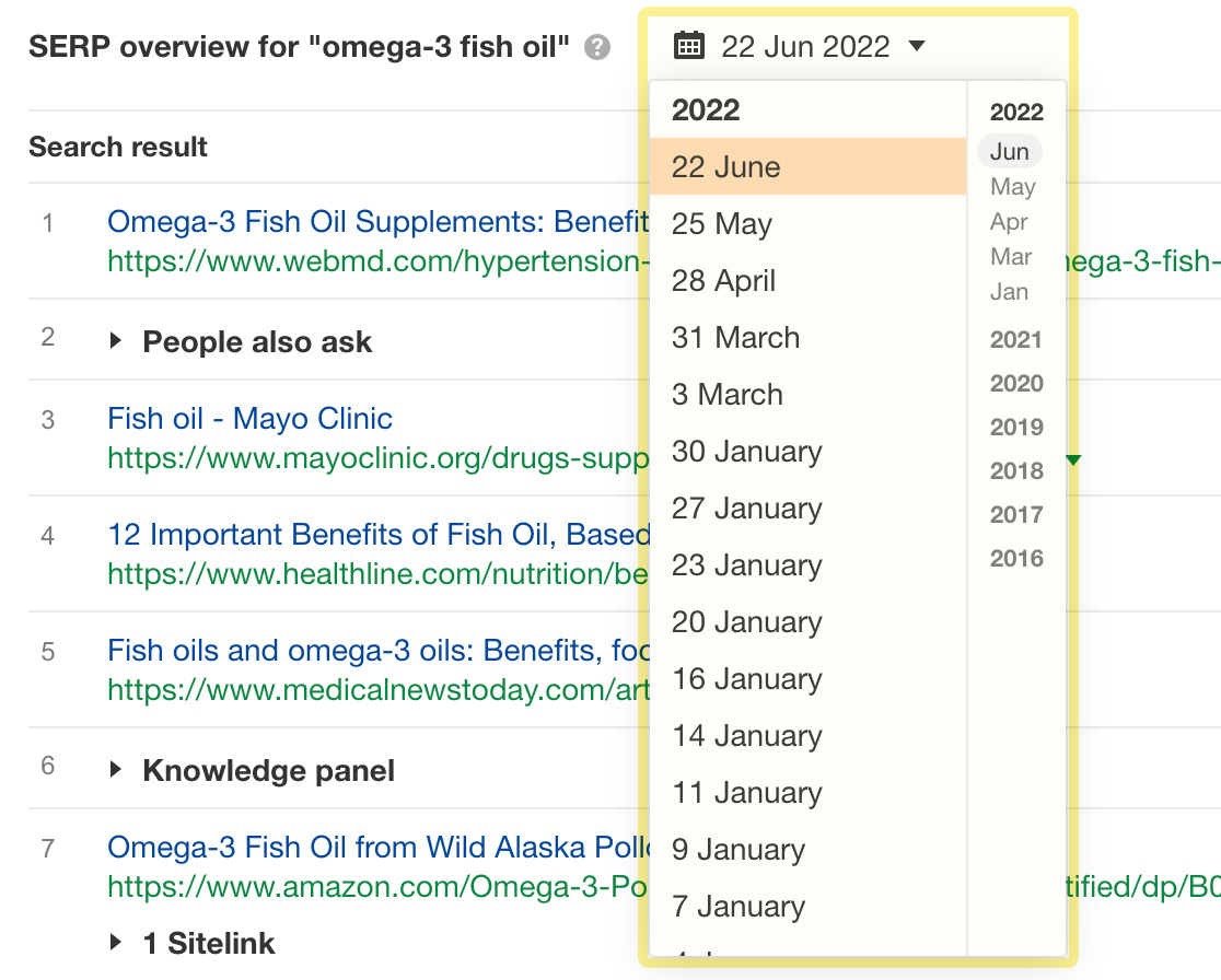 Date picker in SERP overview table