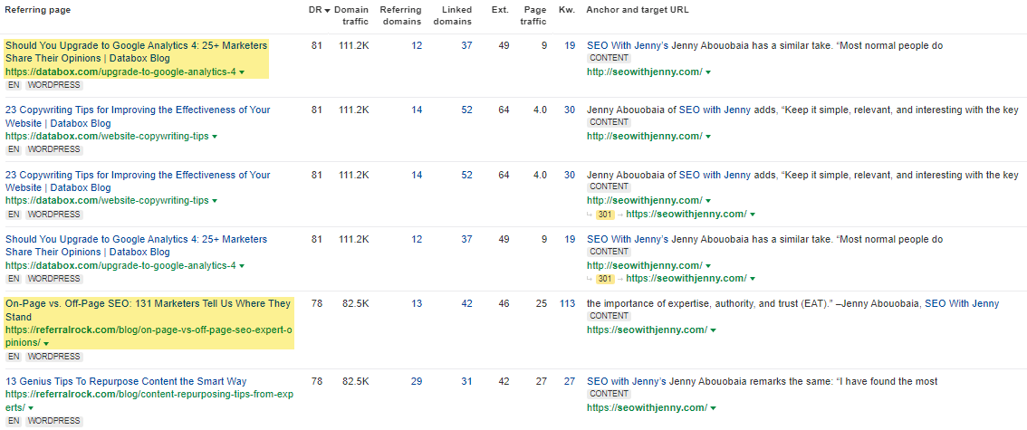 Backlink report showing example placements from earned media