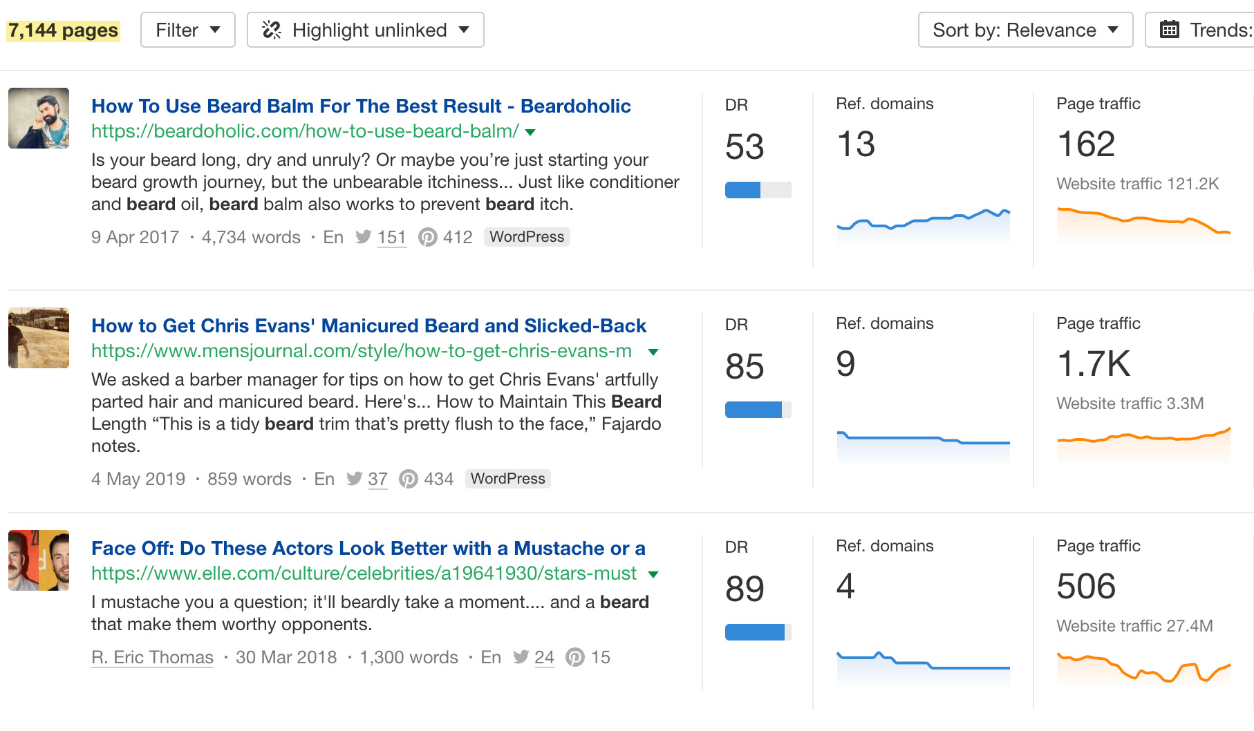 Resultados filtrados, via Content Explorer do Ahrefs