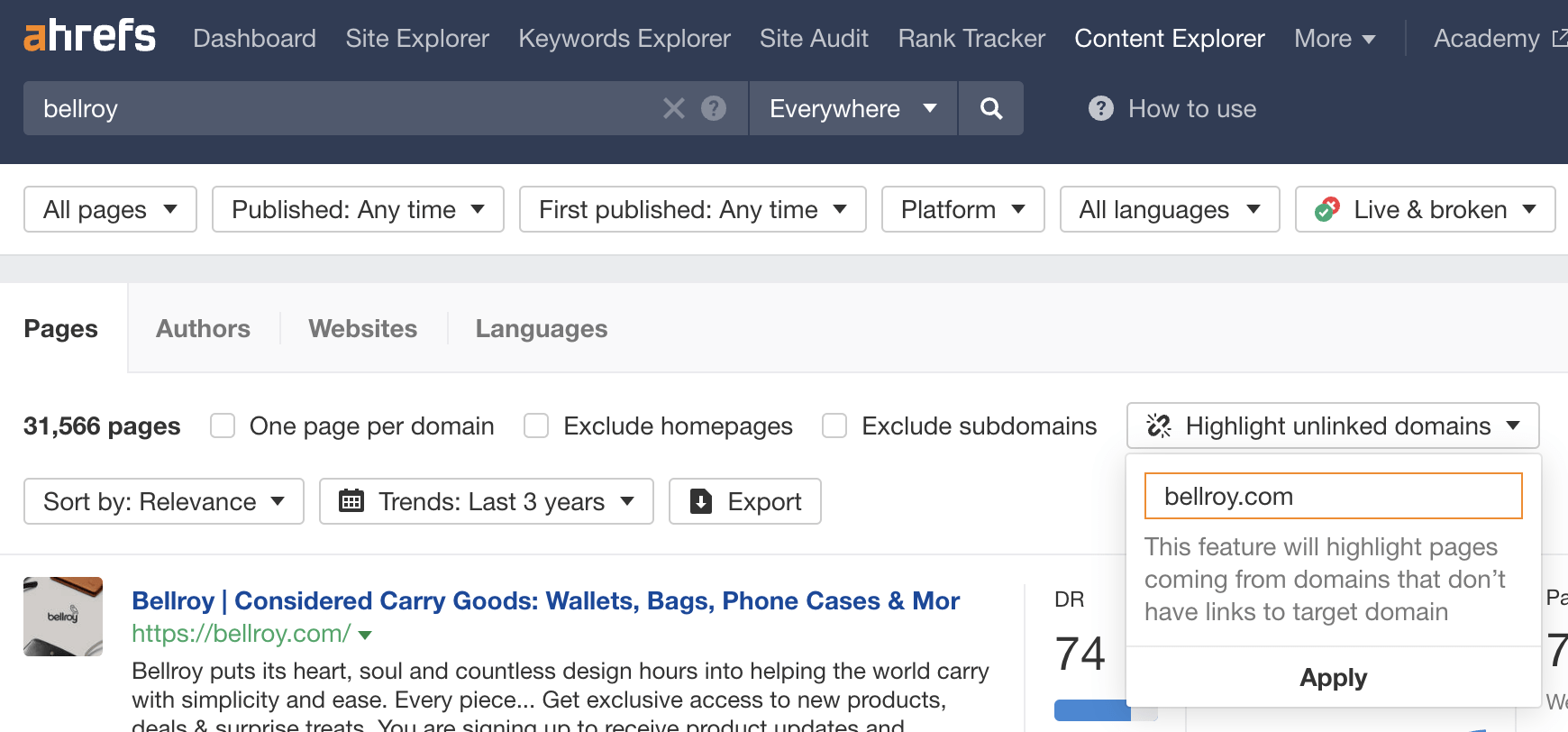 在 Content Explorer（内容分析）中为 Bellroy 找到了未链接的提及的页面