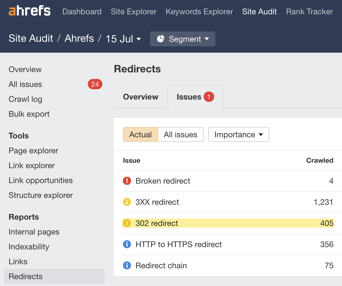 Redirects report in Ahrefs' Site Audit