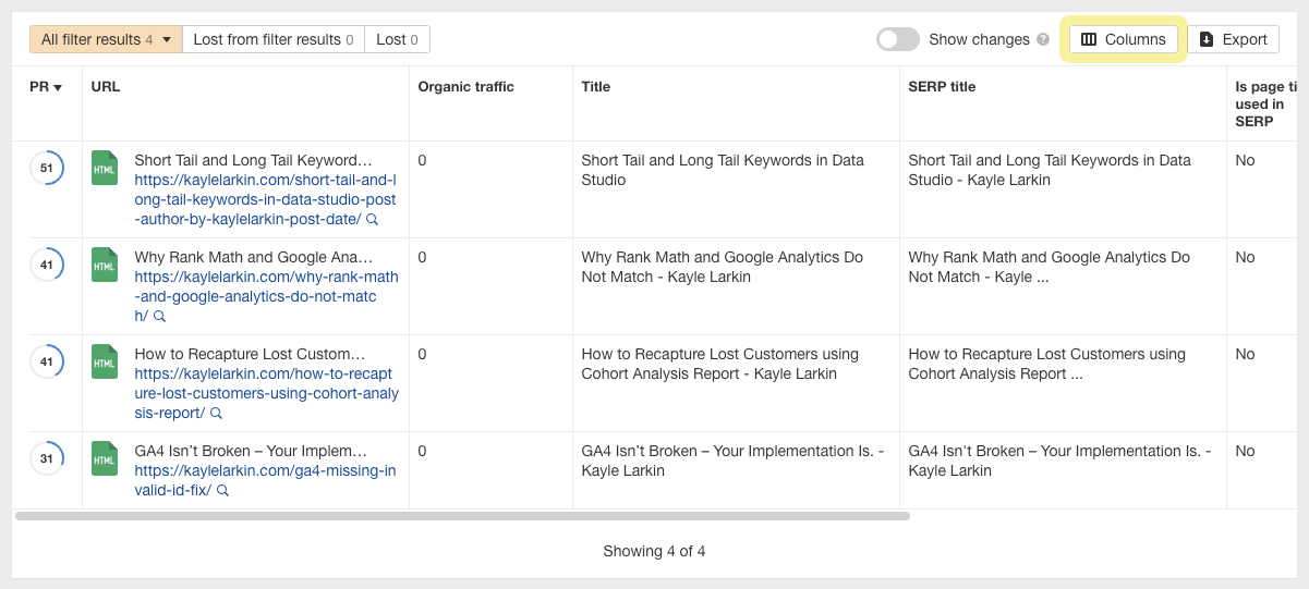 Screenshot of Ahrefs' Page explorer report option to edit columns