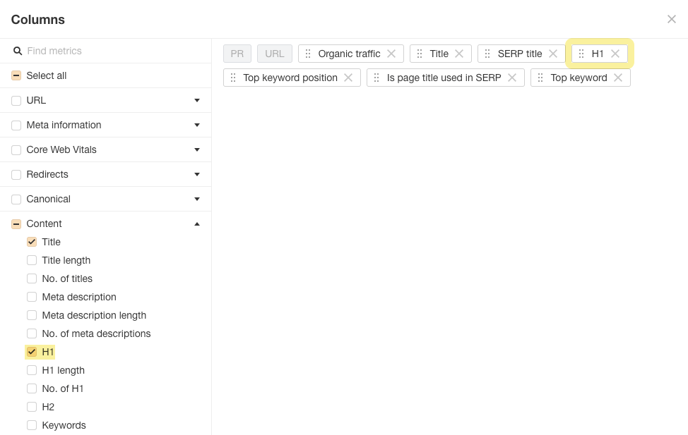 Screenshot of adding columns to Ahrefs' Page explorer report