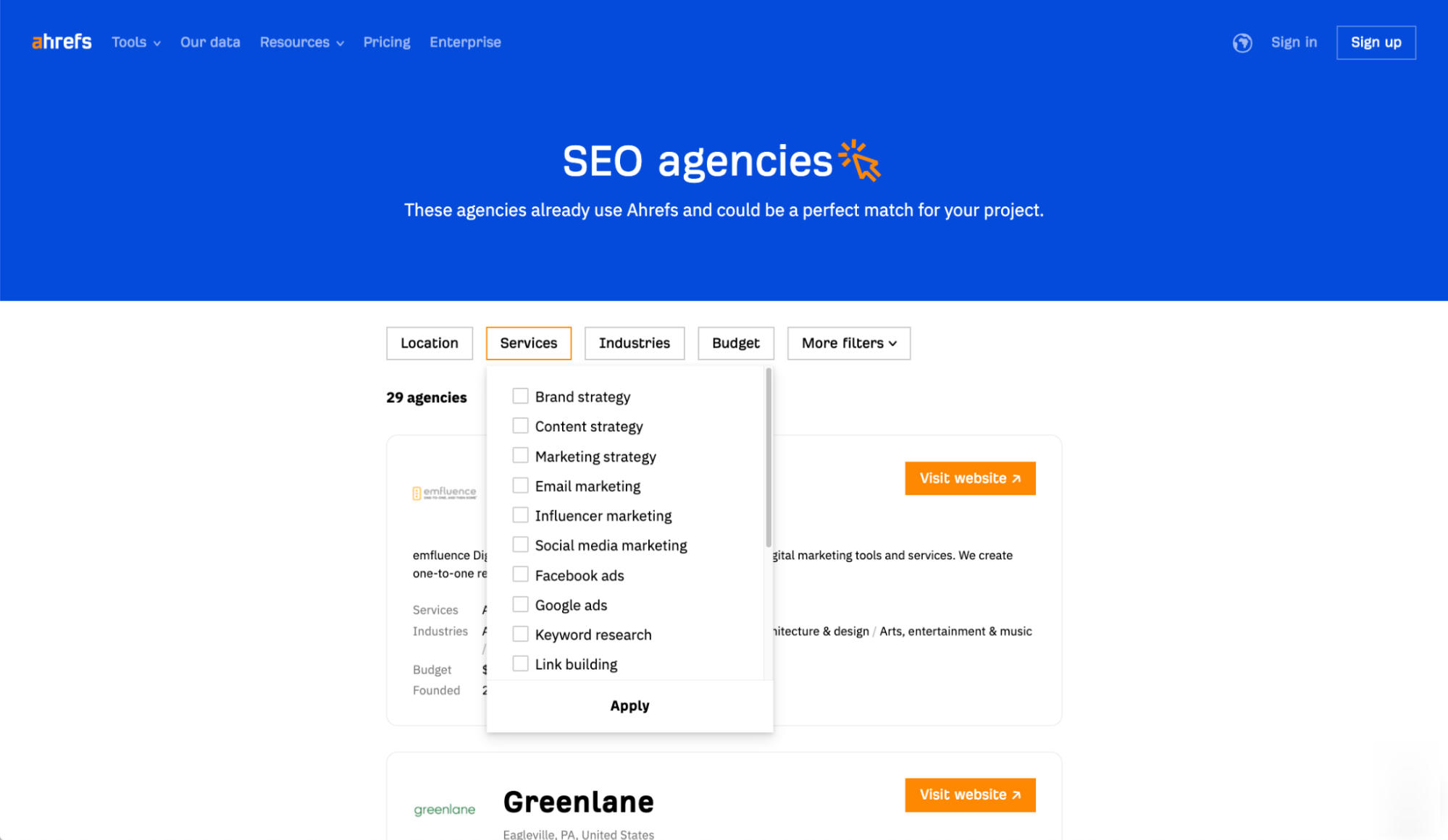 Listagem de diretórios de agências de SEO no Ahrefs