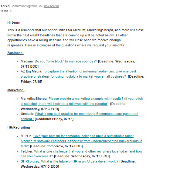 来自Terkel的电子邮件，其中包含开放的机会