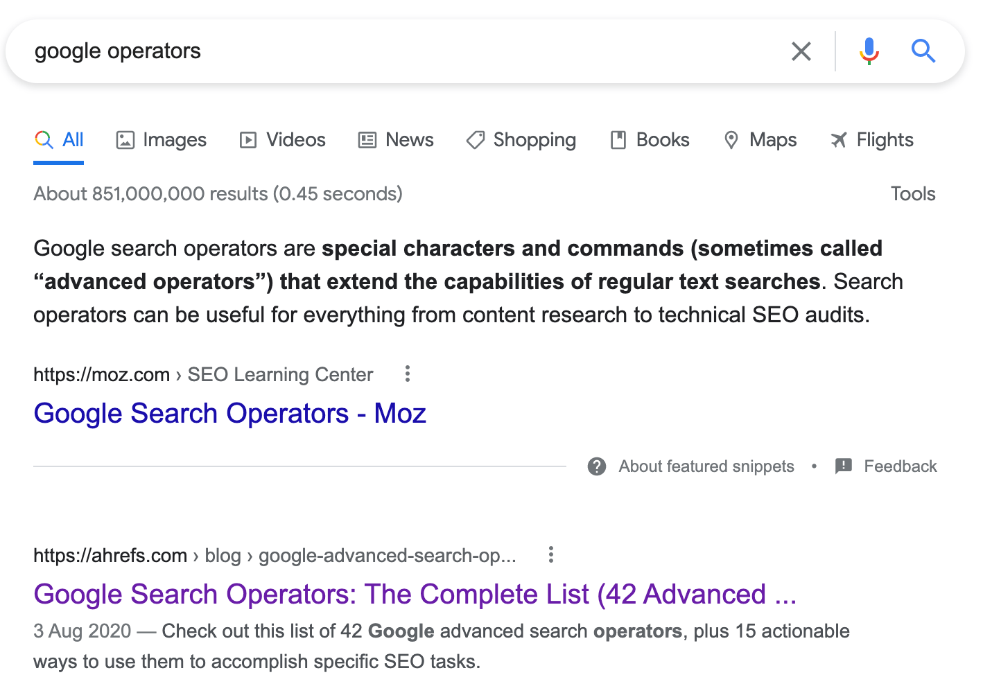 SERP for the keyword, "google operators"