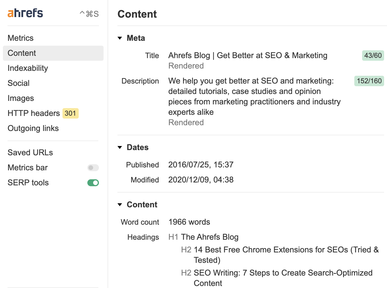 Content section in Ahrefs' SEO Toolbar