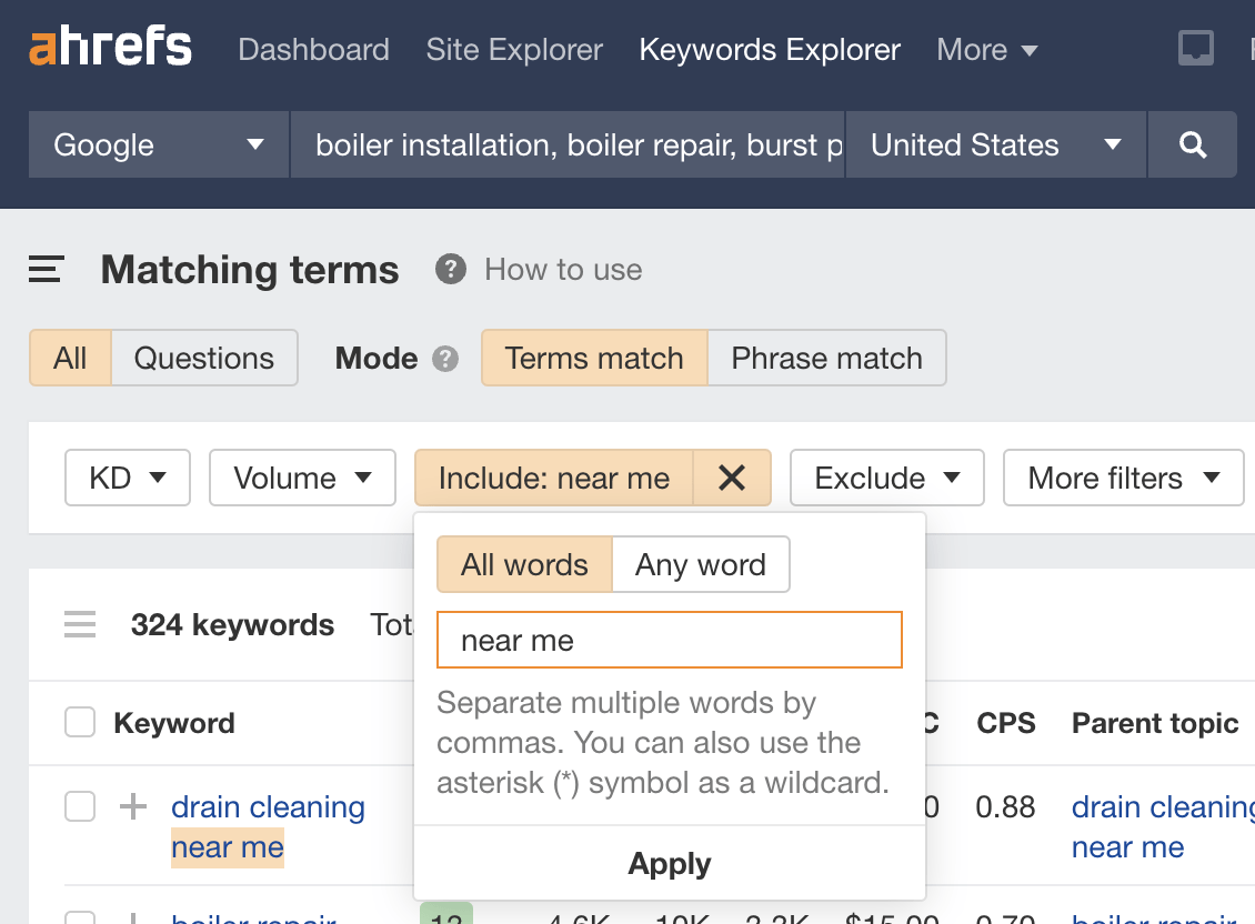 Keywords Explorer（关键词分析）中寻找包含 "near me" 的词
