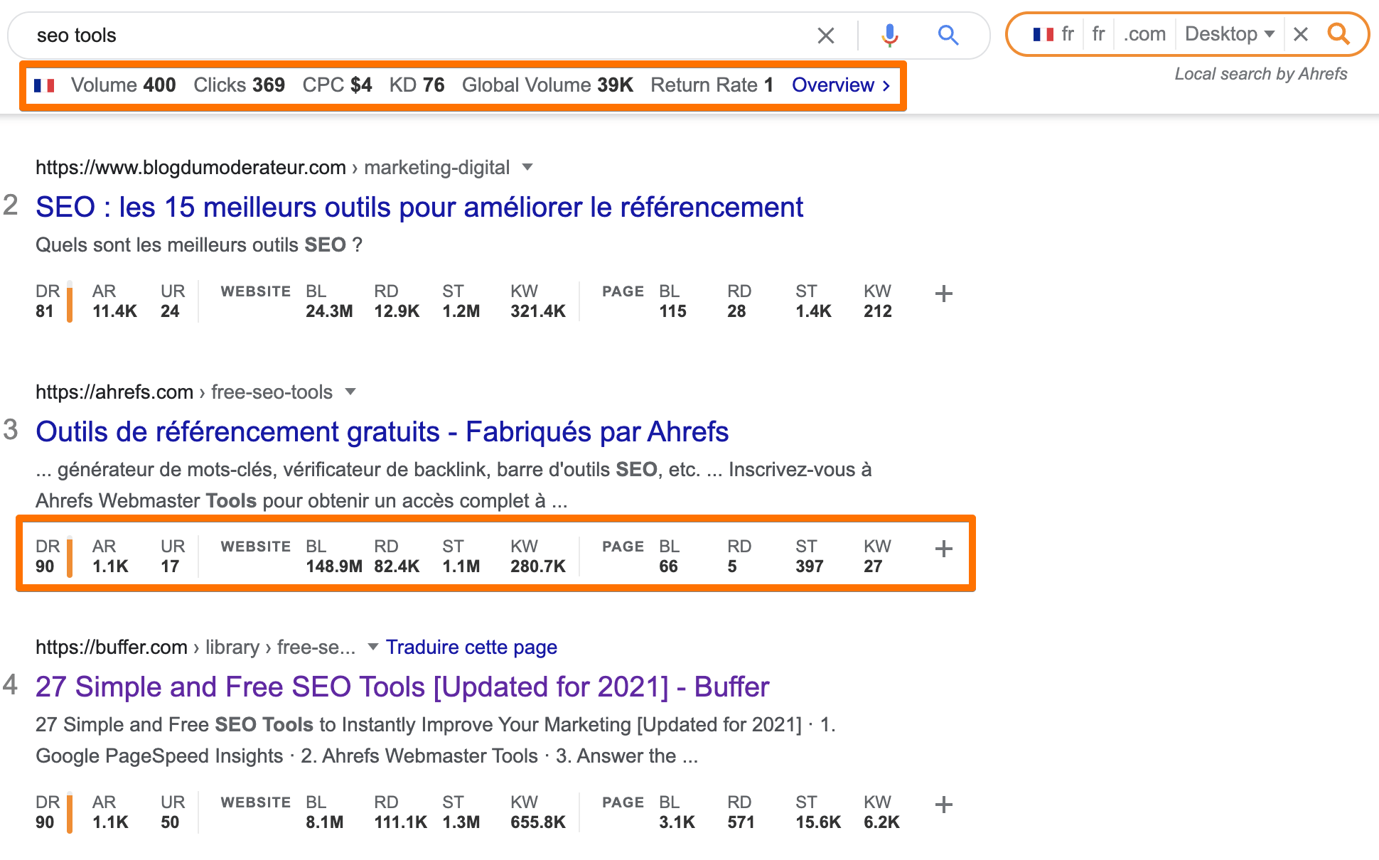 SERP metrics shown by Ahrefs' SEO Toolbar