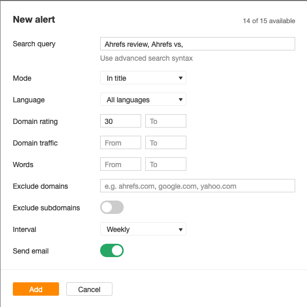 Setting up a new alert in Ahrefs Alerts