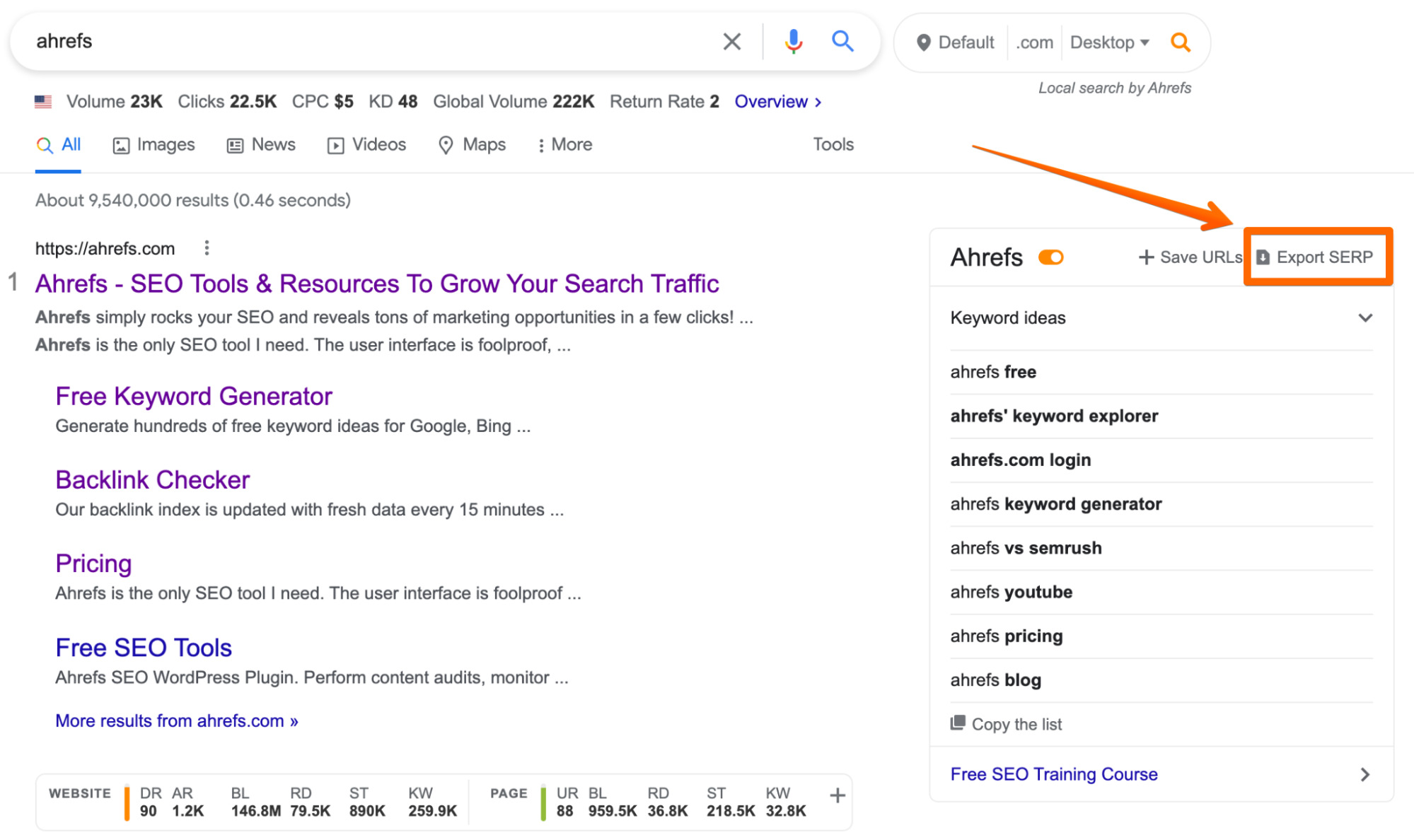 Button to export organic search results on a Google SERP