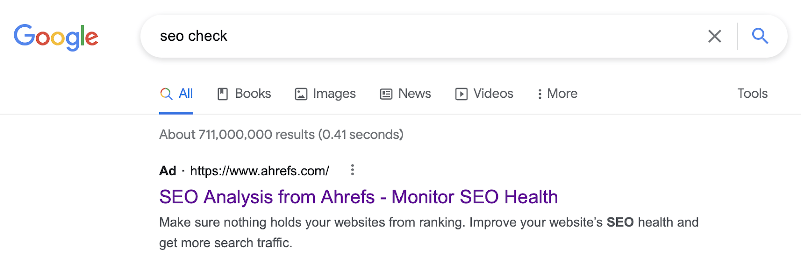 An example of a Google ad for the query, "seo check"
