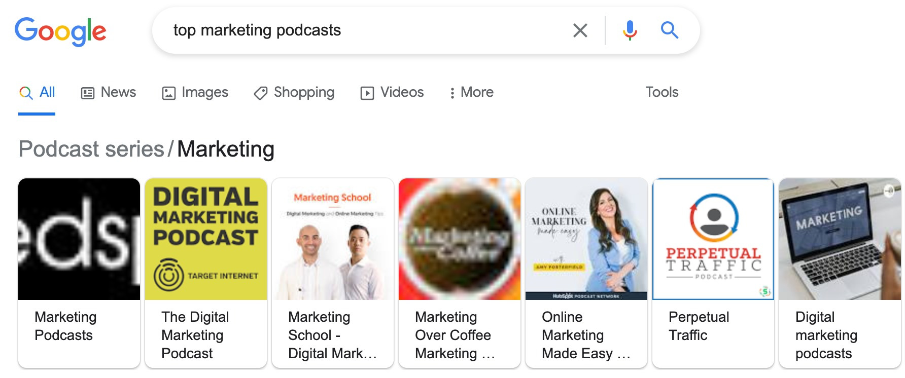 The SERP for the query top marketing podcasts