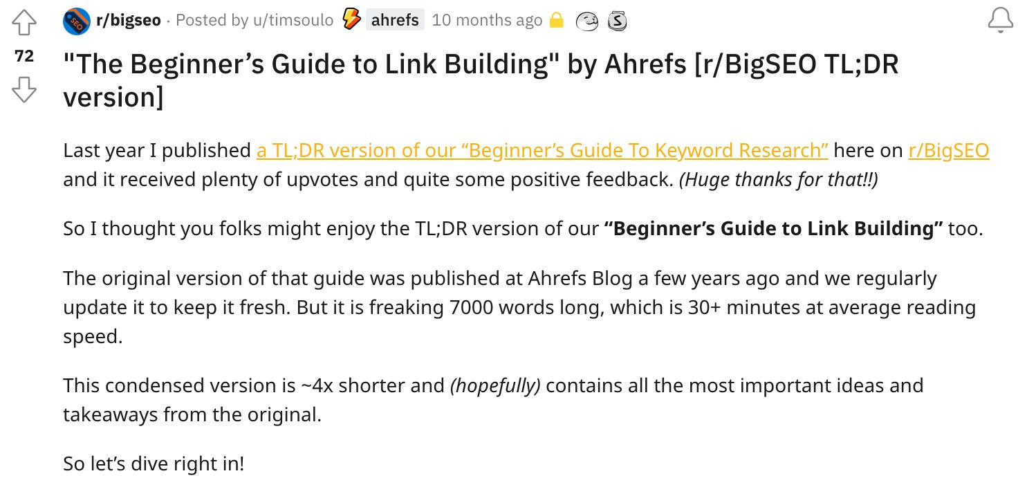 Post de Tim Soulo no subreddit, r/bigSEO