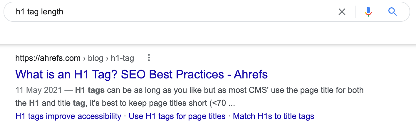 The article that's ranking #1 for the query "h1 tag length" in Google
