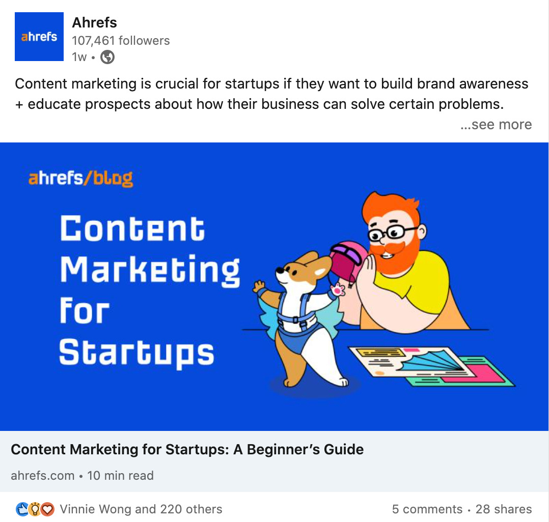 Ahrefs's LinkedIn页面上的帖子