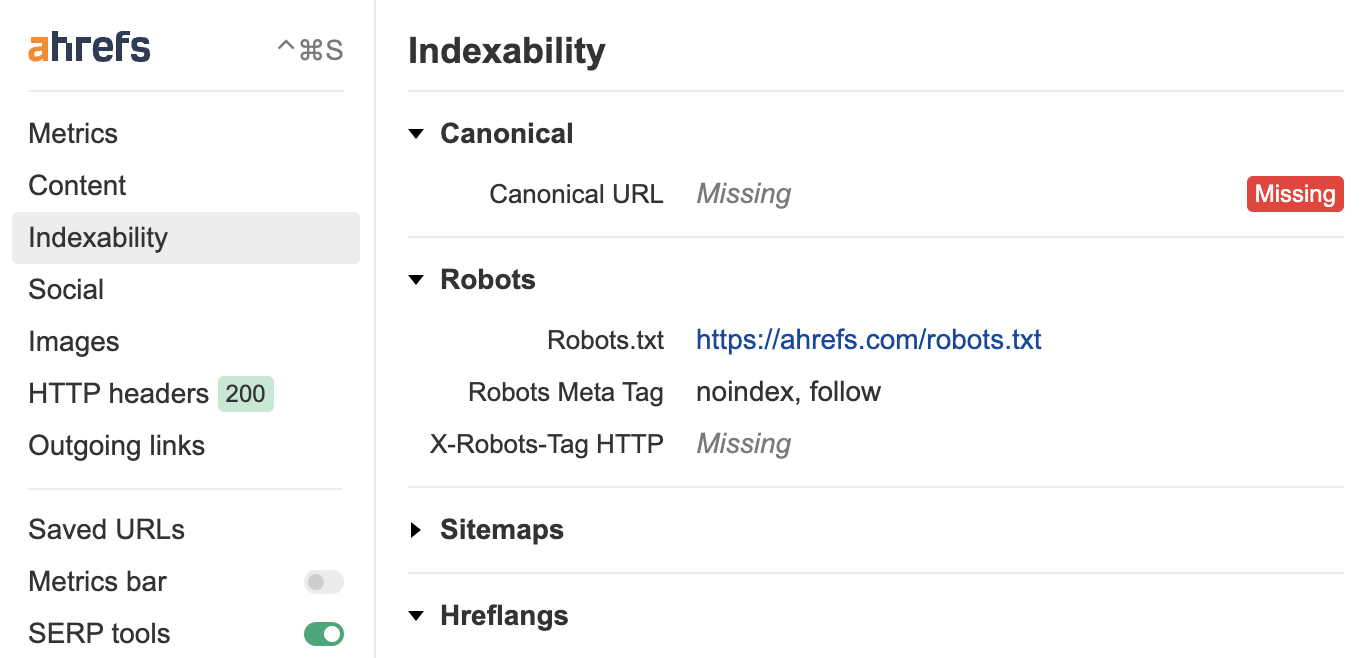 Indexability section in Ahrefs' SEO Toolbar