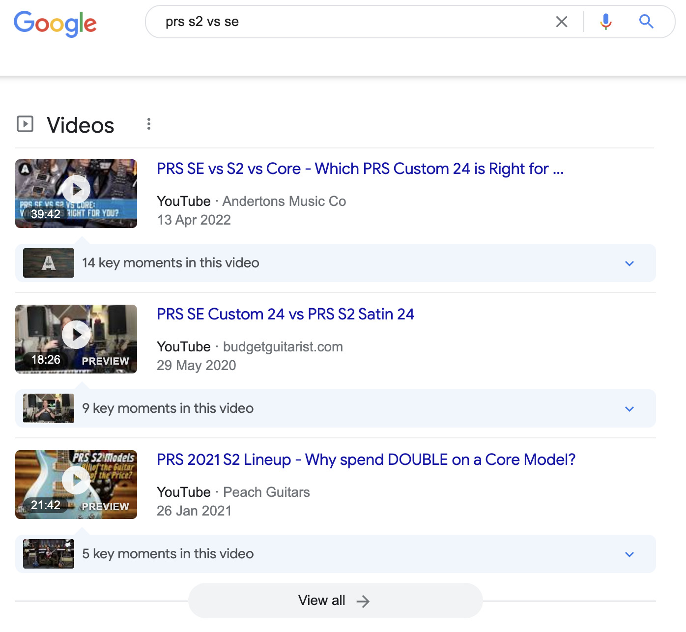 Recurso SERP de vídeo para "prs s2 vs se"