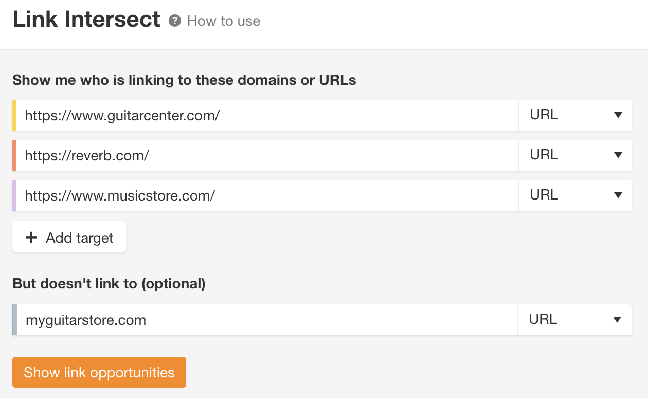Link Intersect tool in Ahrefs' Site Explorer
