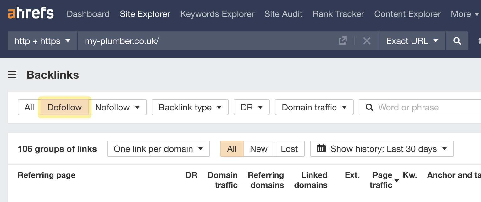 Links seguidos no Site Explorer do Ahrefs
