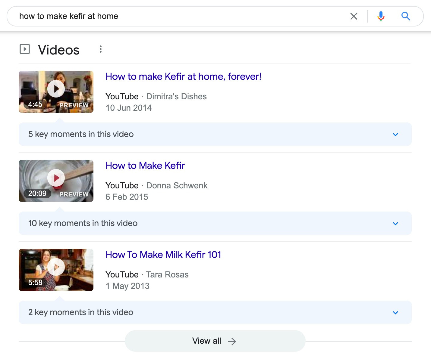 The Video SERP results for the query how to make kefir at home
