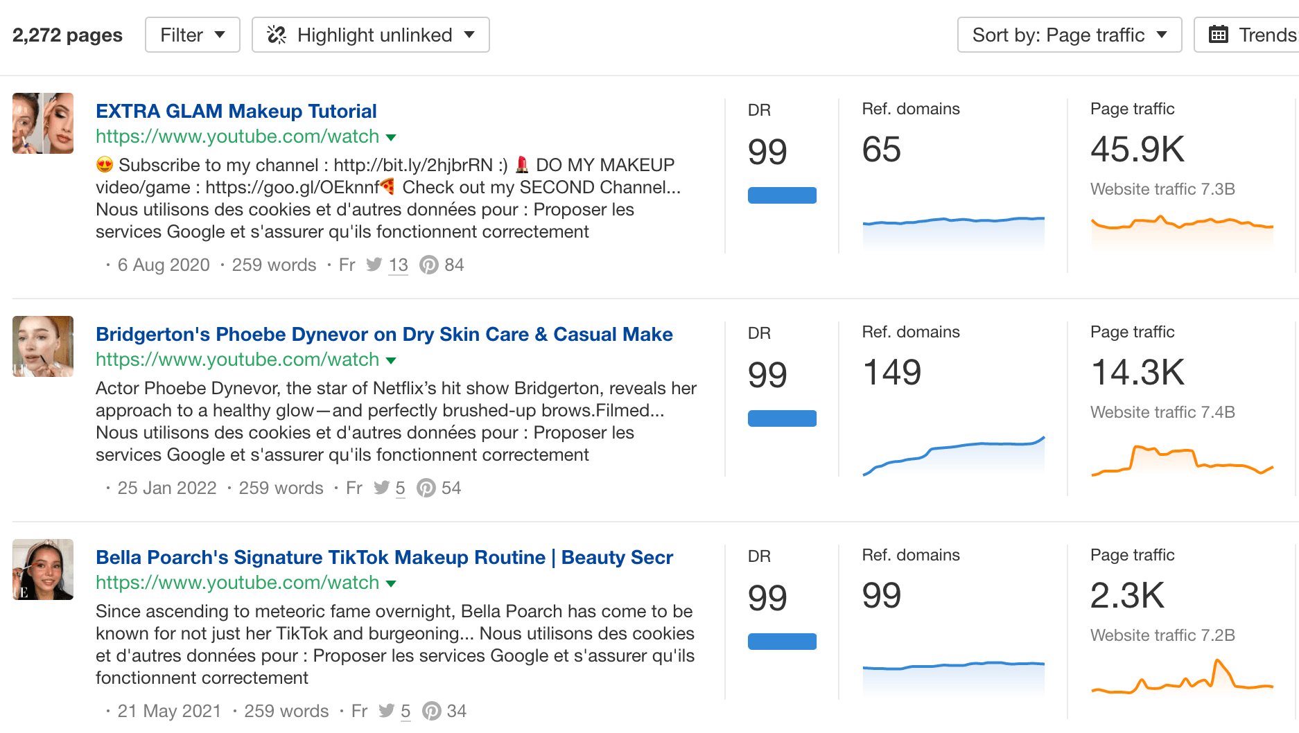 Resultados no Content Explorer do Ahrefs