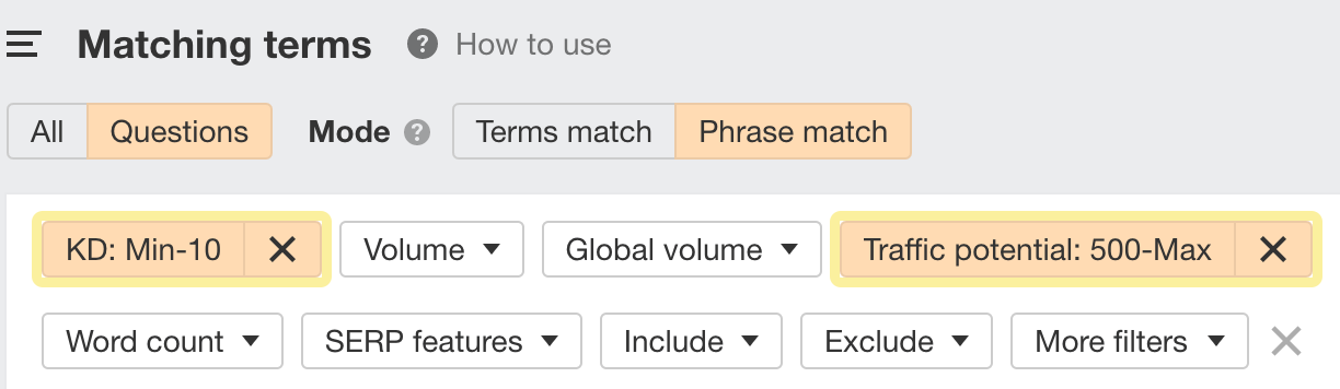 Relatório de termos correspondentes com filtros aplicados, por meio do Explorador de palavras-chave do Ahrefs