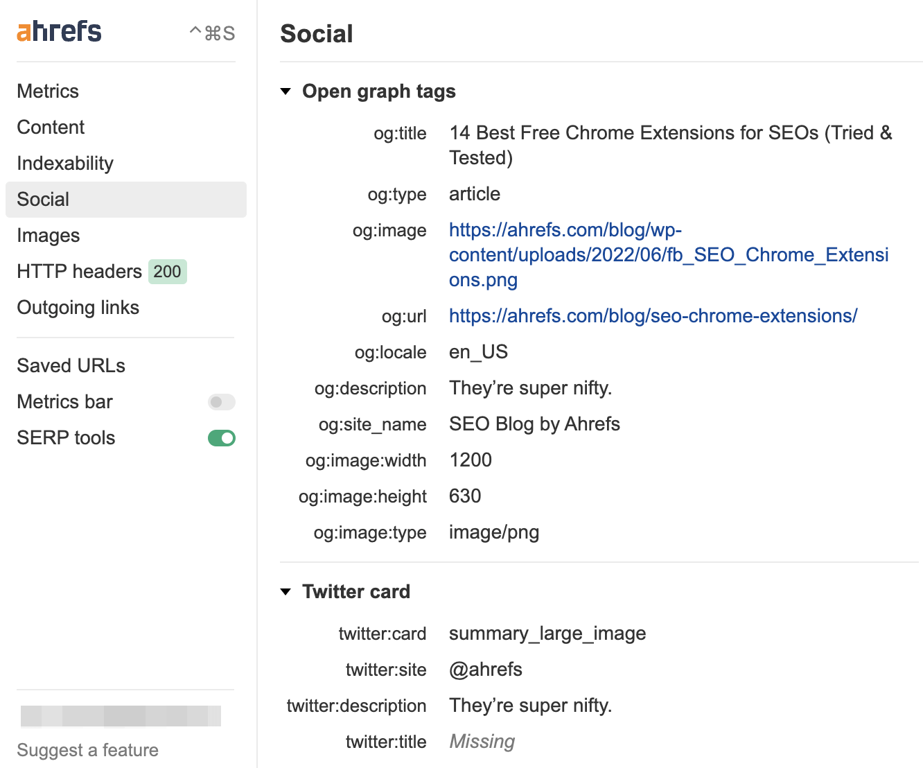 Social section in Ahrefs' SEO Toolbar