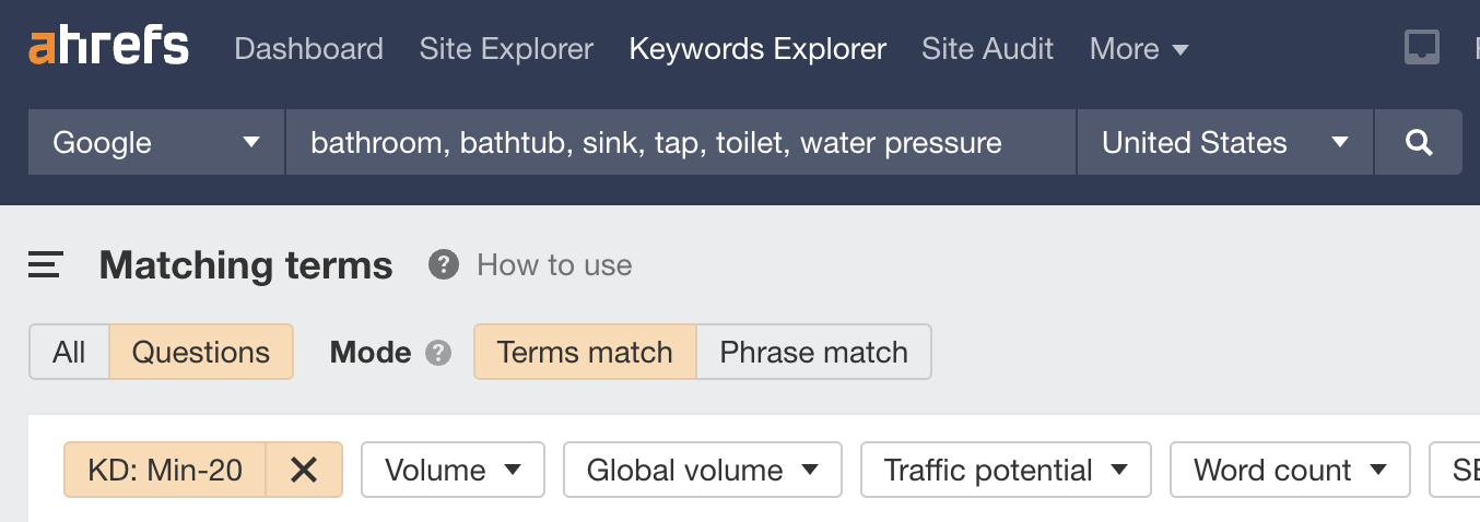 Searching for plumbing questions in Ahrefs' Keywords Explorer
