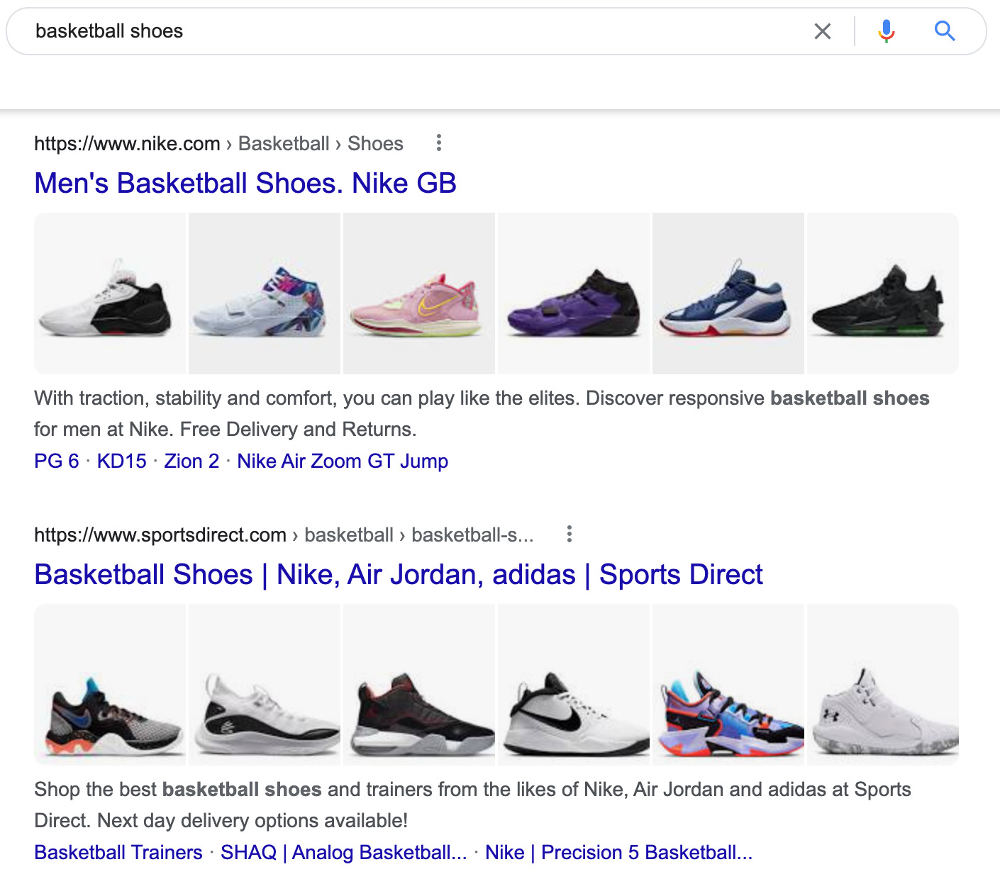 Search results for the query, "basketball shoes"

