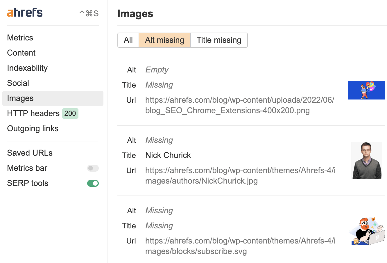 Image section in Ahrefs' SEO Toolbar