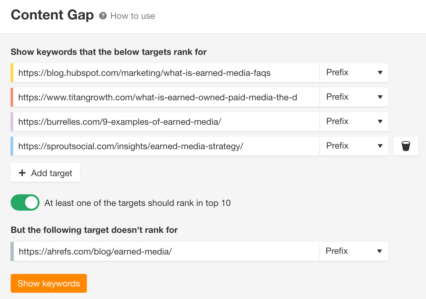 The Content Gap tool, via Ahrefs' Site Explorer
