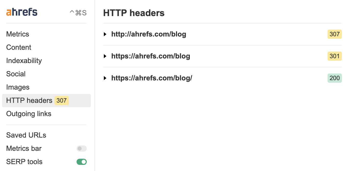 HTTP headers section in Ahrefs' SEO Toolbar