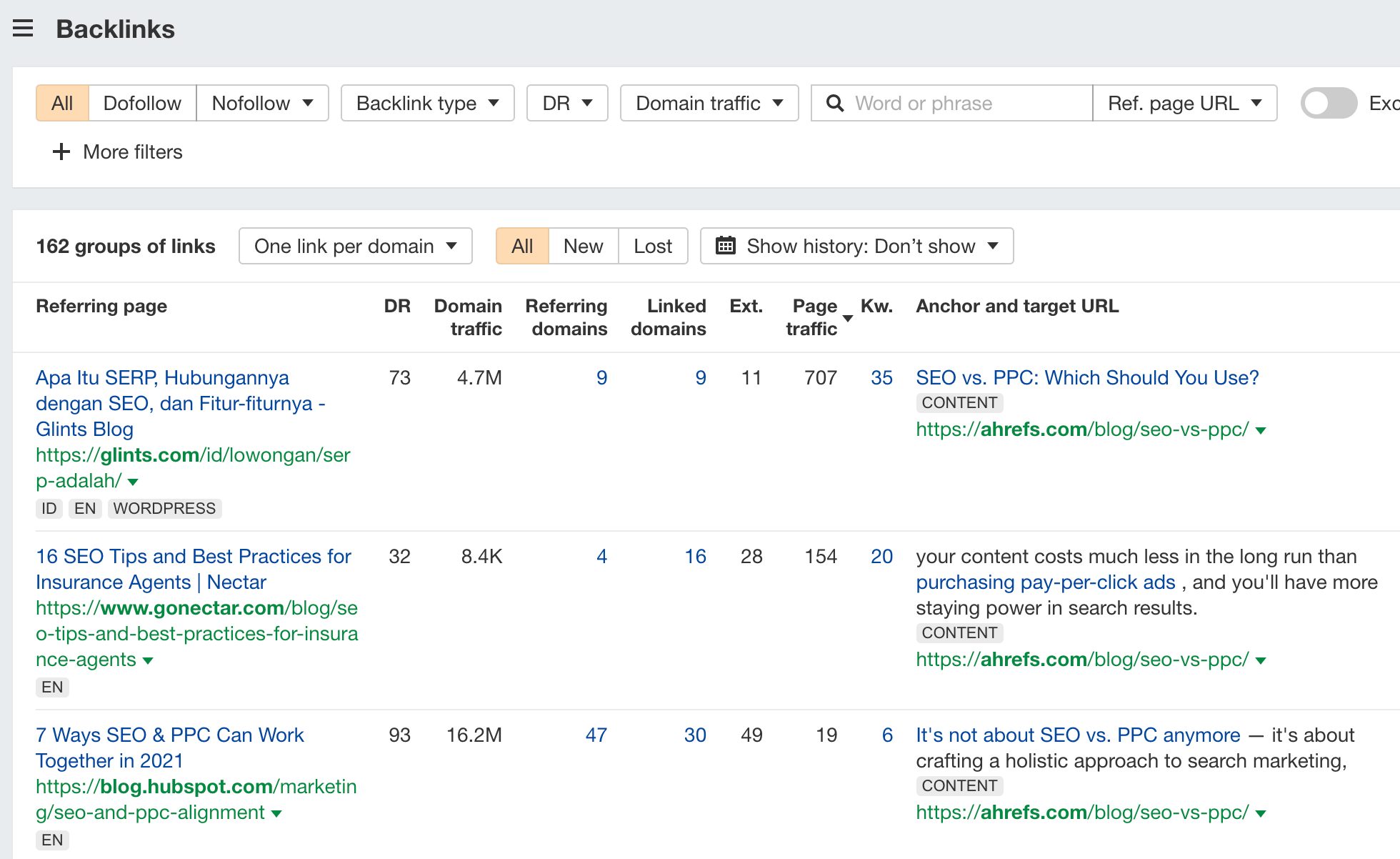 Backlinks report, via Ahrefs' Site Explorer
